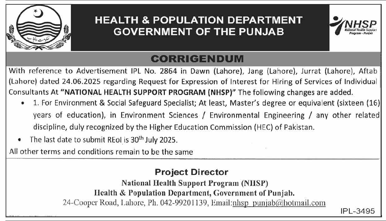 Health & Population Department Lahore Tender Notice